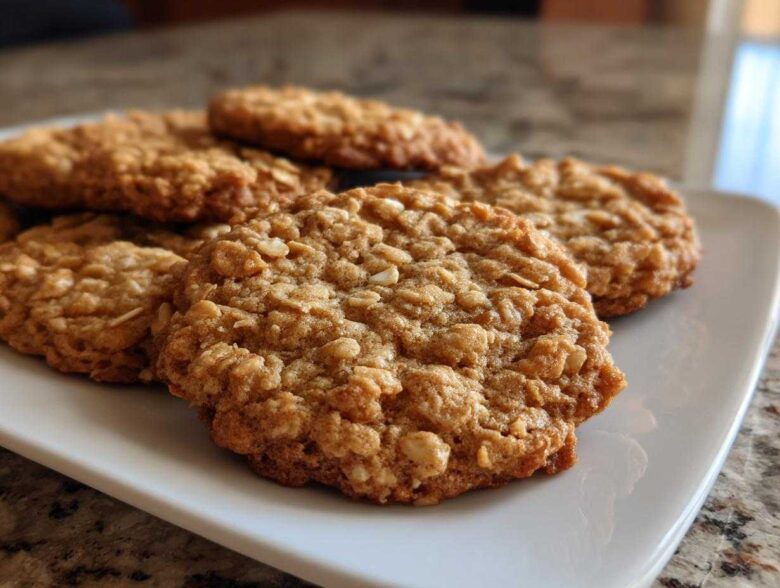Close-up of several soft oatmeal cookies piled on a white rectangular plate.