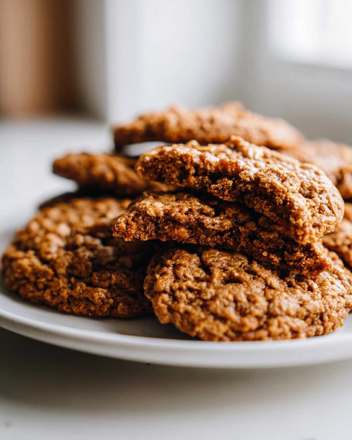 Close-up of a stack of soft, chewy oatmeal cookies on a white plate, one broken in half.