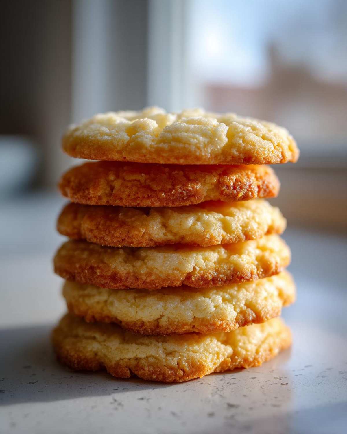 A vertical stack of five soft sugar cookies showing golden brown edges and crinkled tops.