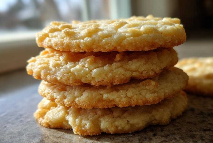 A close-up stack of four soft sugar cookies showing their textured tops and golden-brown edges.