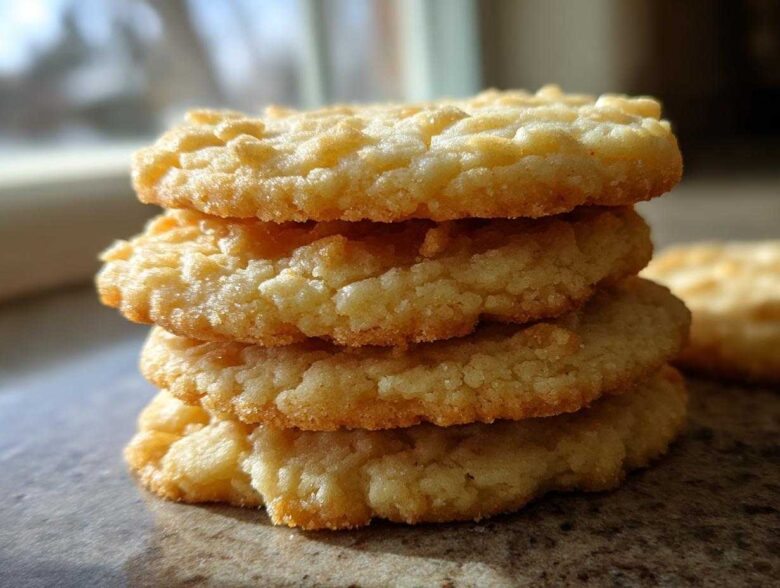 A close-up stack of four soft sugar cookies showing their textured tops and golden-brown edges.
