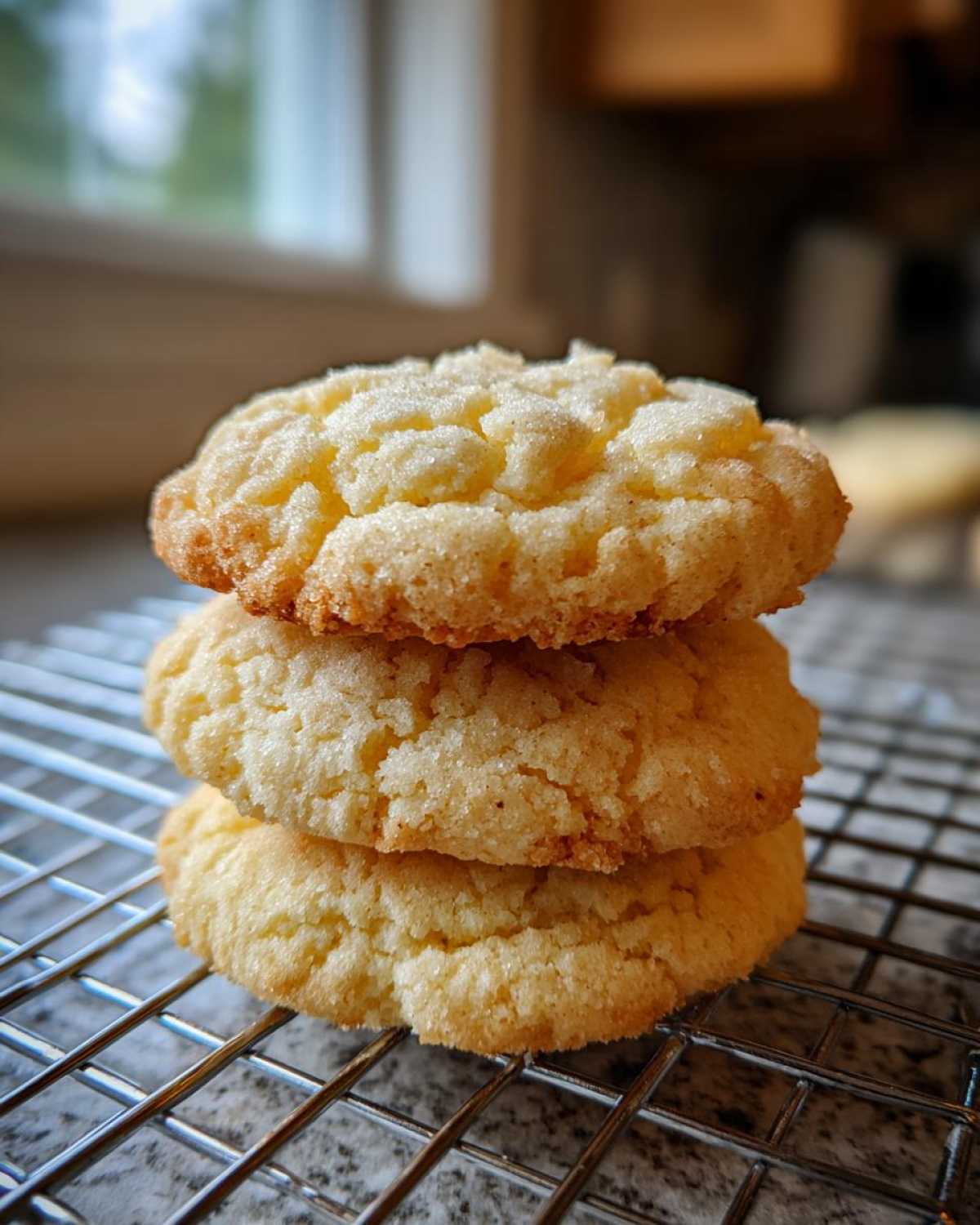 Three soft sugar cookies stacked on a wire cooling rack, showing a slightly crinkled, sugary top.