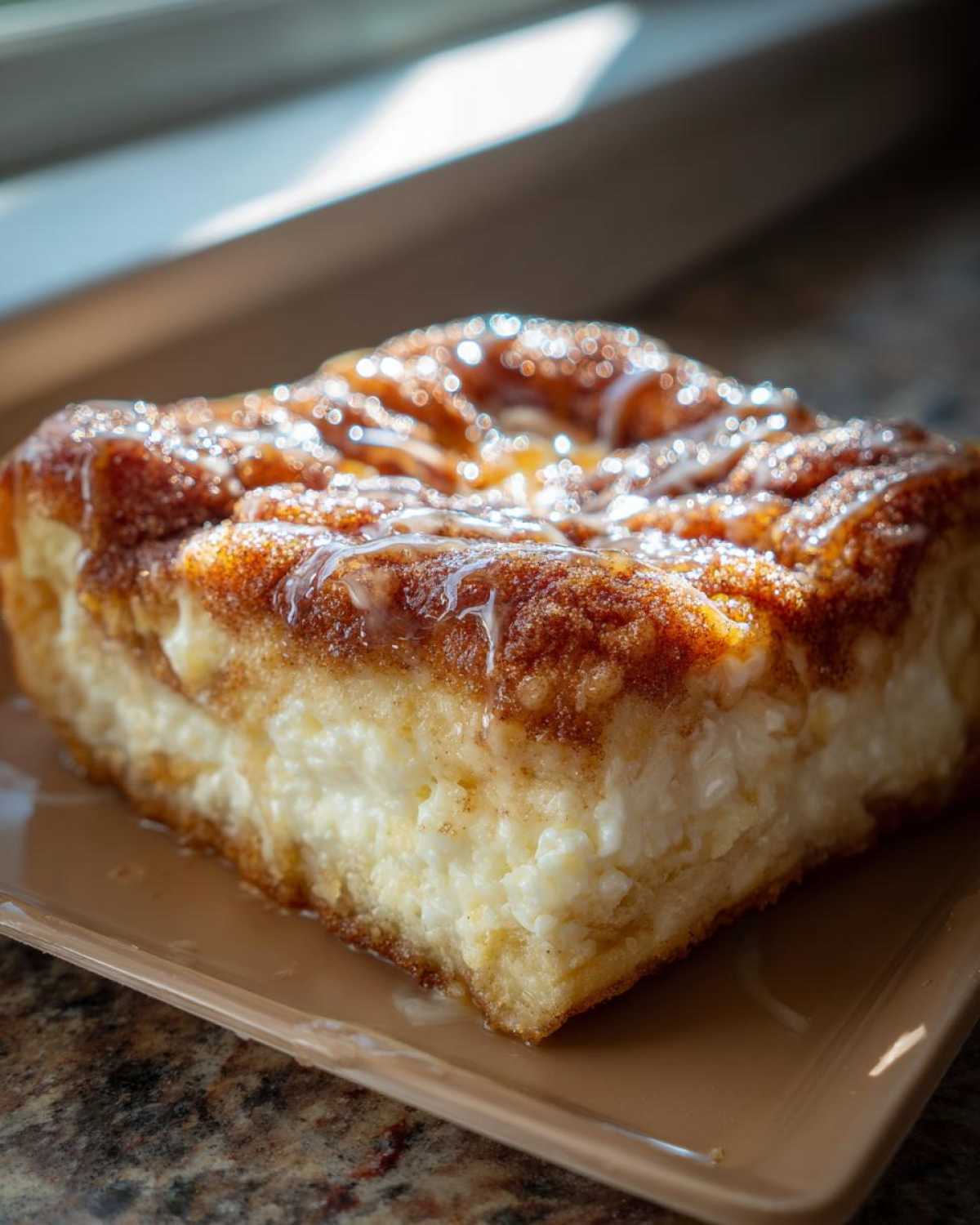 A single square slice of sopapilla cheesecake bars showing a thick, creamy filling and cinnamon sugar topping.
