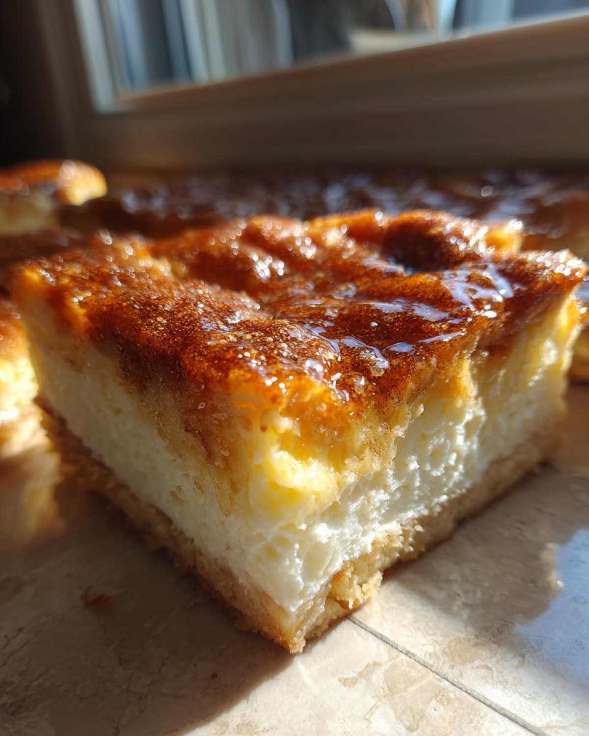 A close-up slice of sopapilla cheesecake showing a thick, creamy white layer and a shiny, caramelized cinnamon-sugar top.