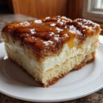 A close-up of a thick slice of sopapilla cheesecake bars featuring a cake base, creamy filling, and cinnamon-sugar topping drizzled with glaze.