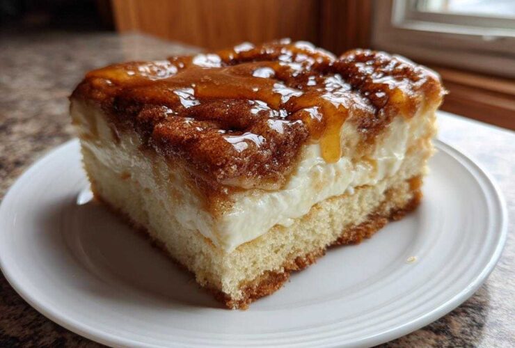 A close-up of a thick slice of sopapilla cheesecake bars featuring a cake base, creamy filling, and cinnamon-sugar topping drizzled with glaze.