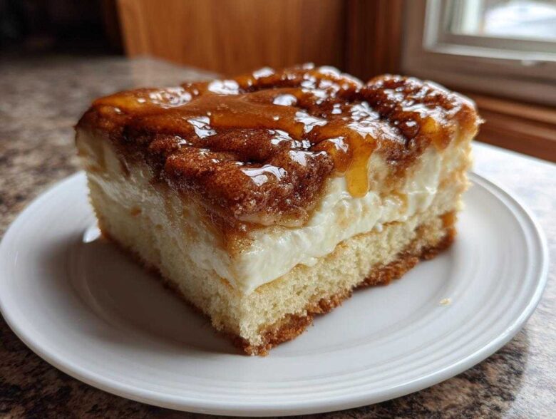A close-up of a thick slice of sopapilla cheesecake bars featuring a cake base, creamy filling, and cinnamon-sugar topping drizzled with glaze.