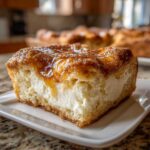Close-up of a thick slice of sopapilla cheesecake showing the creamy filling and cinnamon-sugar topping drizzled with honey glaze.