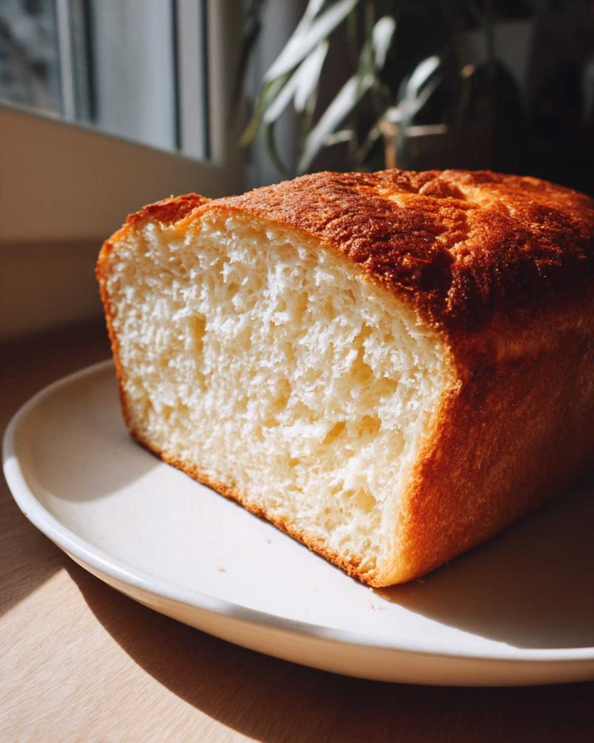 Close-up of a freshly baked sourdough sandwich bread loaf, showing its soft white crust.