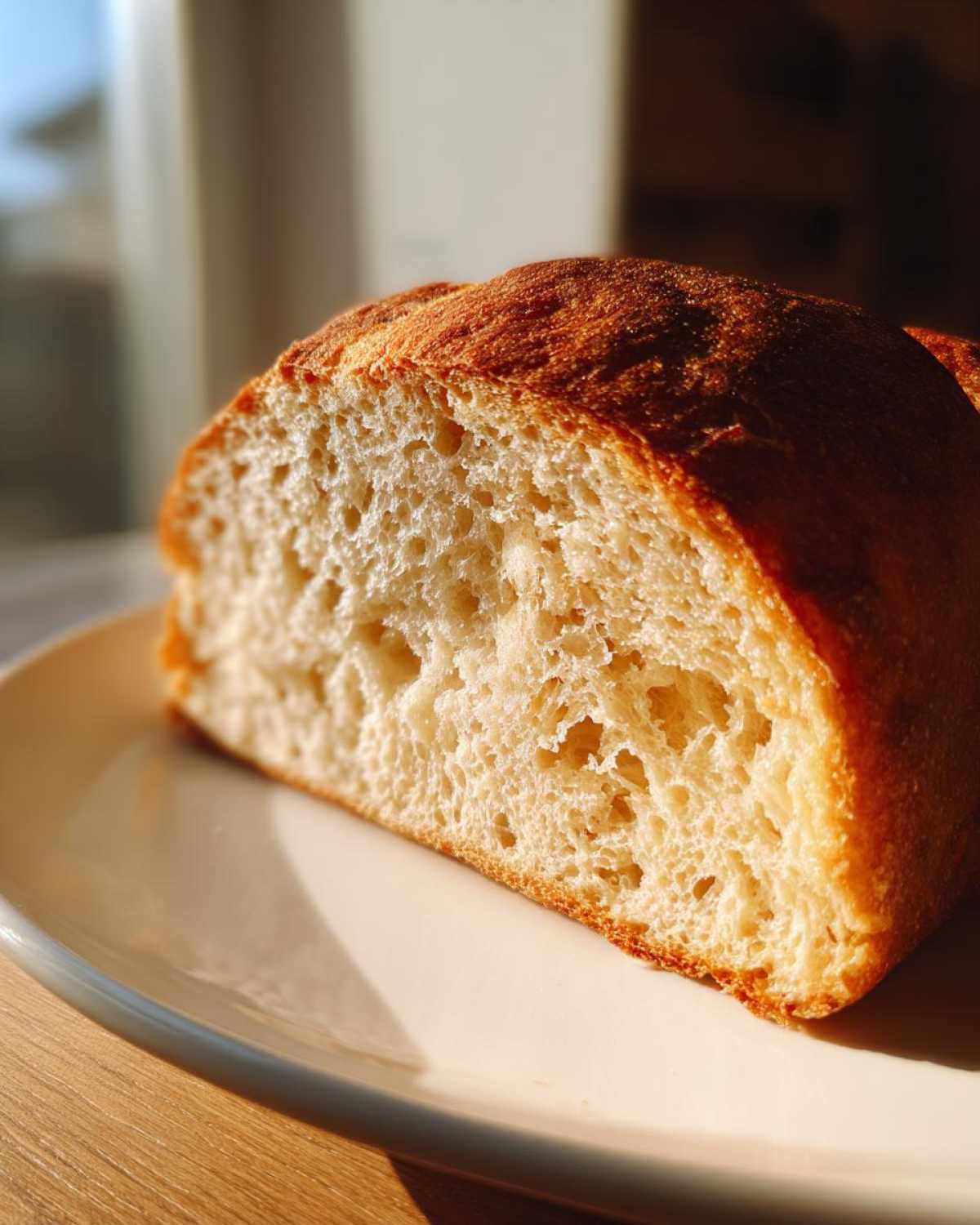 Close-up of the soft, open crumb structure of a slice of sourdough sandwich bread.