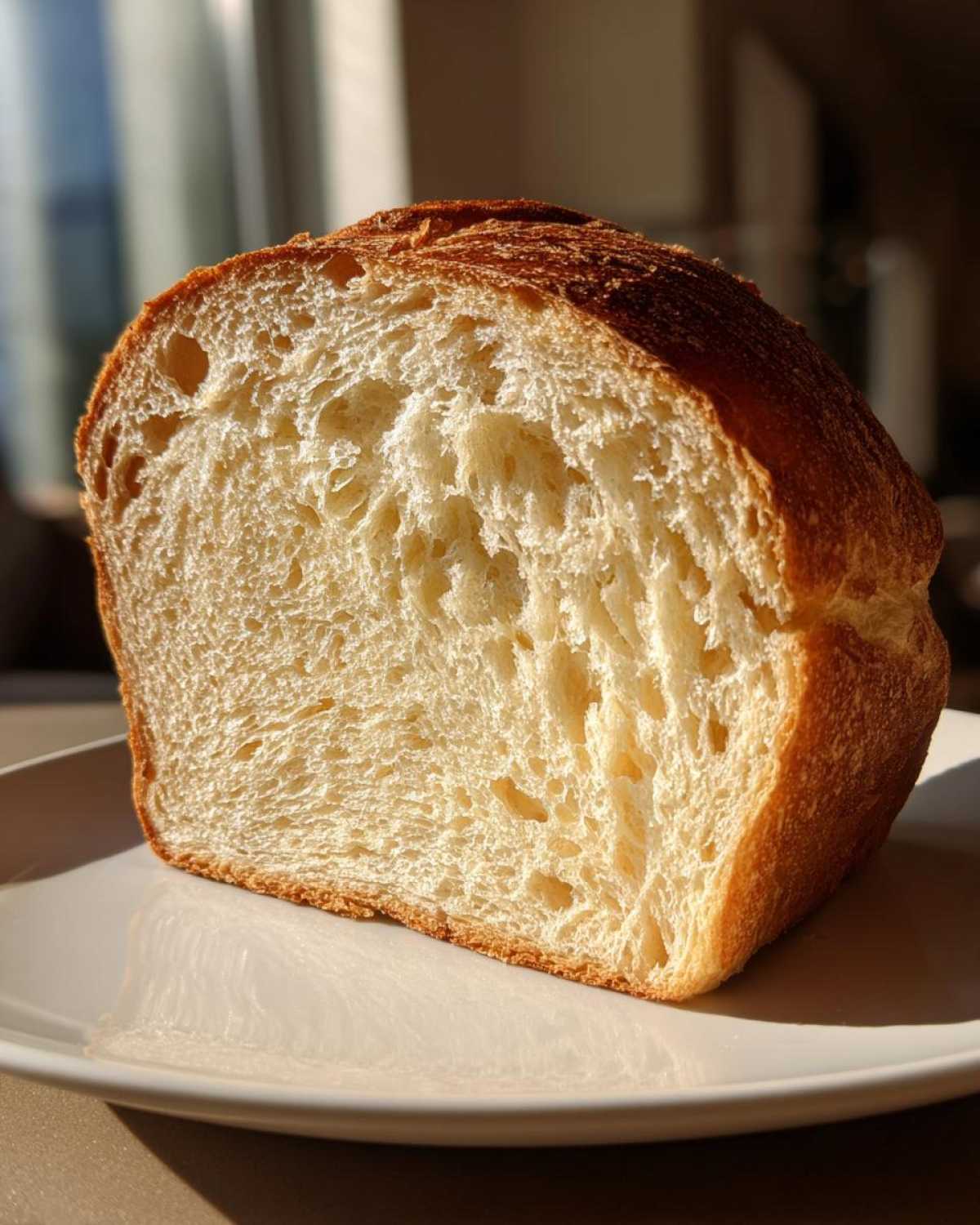 Close-up of the soft, open crumb structure inside a freshly baked sourdough sandwich bread loaf.