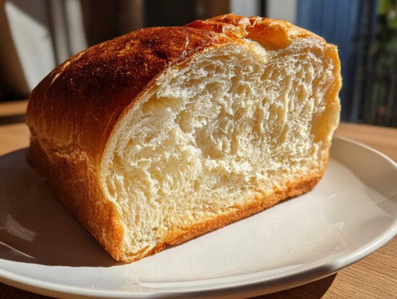 Close-up of the soft, fluffy interior crumb of a freshly baked sourdough sandwich bread loaf.