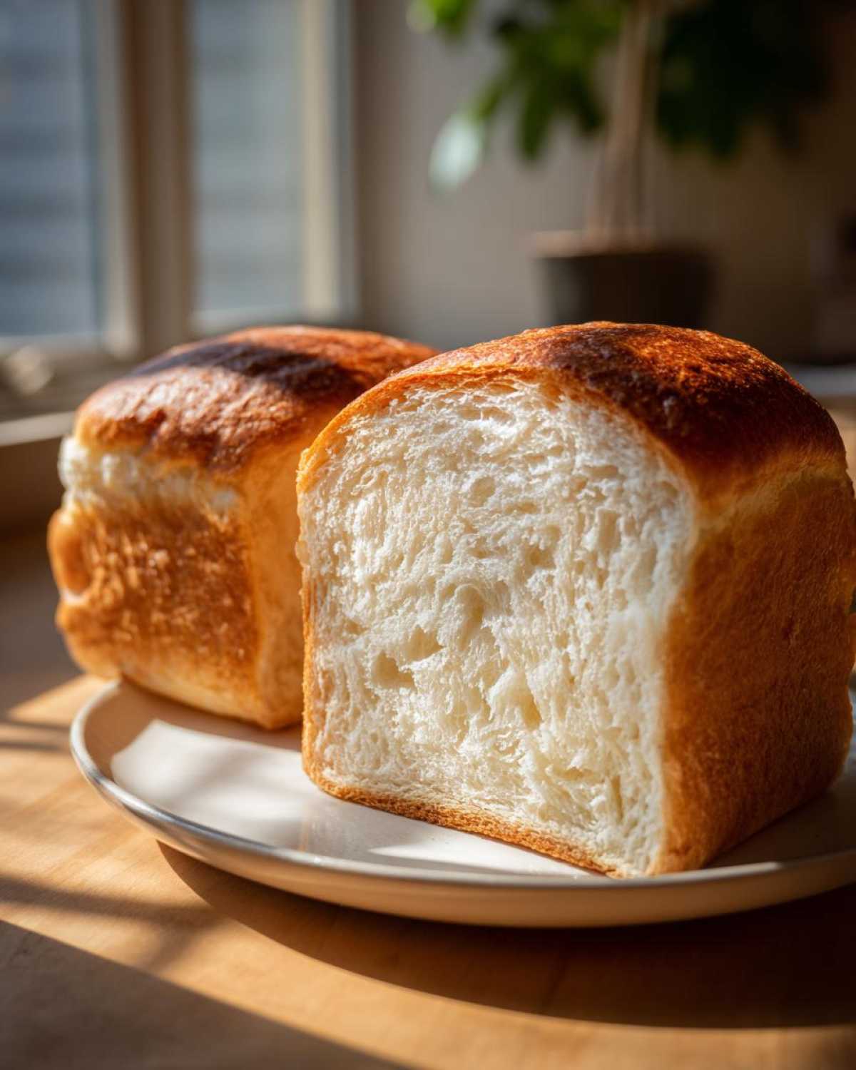 A close-up of a freshly baked sourdough sandwich bread loaf, cut in half to show the soft, white interior crumb.