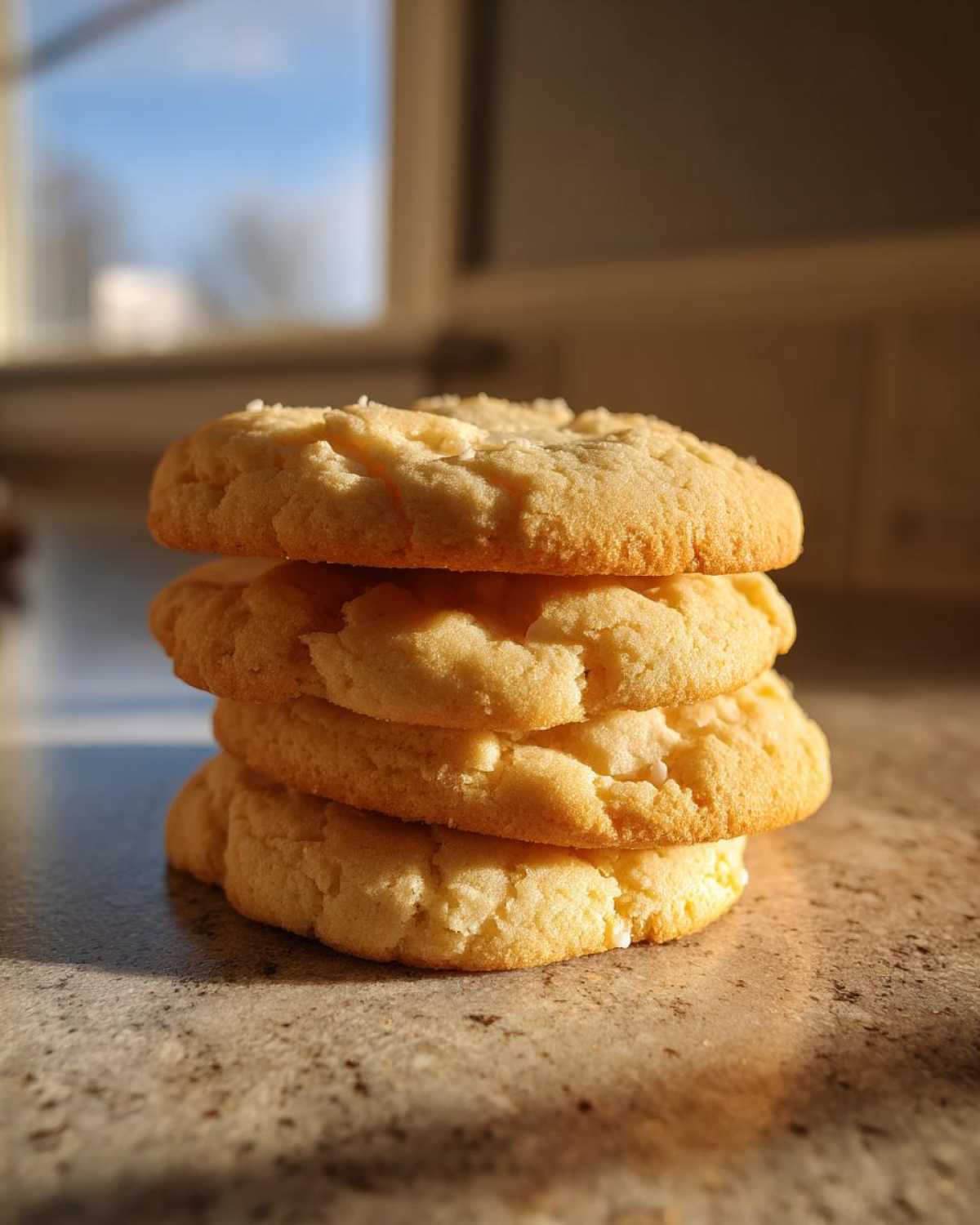 A stack of four soft sugar cookies sprinkled with coarse sugar, illuminated by warm sunlight.