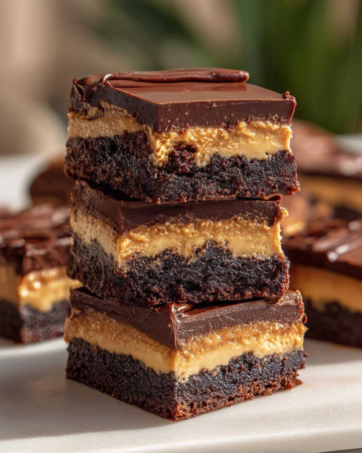 A stack of three rich buckeye brownies showing the dark chocolate base, peanut butter layer, and glossy chocolate topping.
