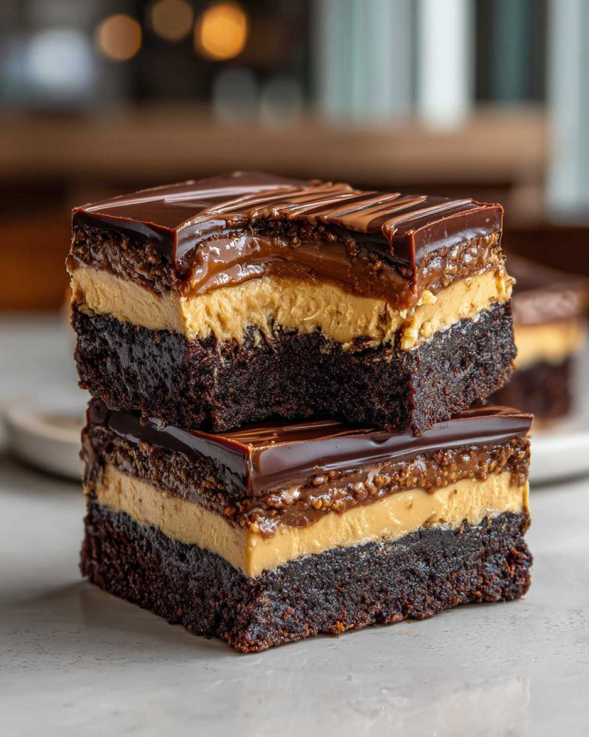 Two stacked squares of rich buckeye brownies showing the dense chocolate base, peanut butter layer, and chocolate ganache topping.