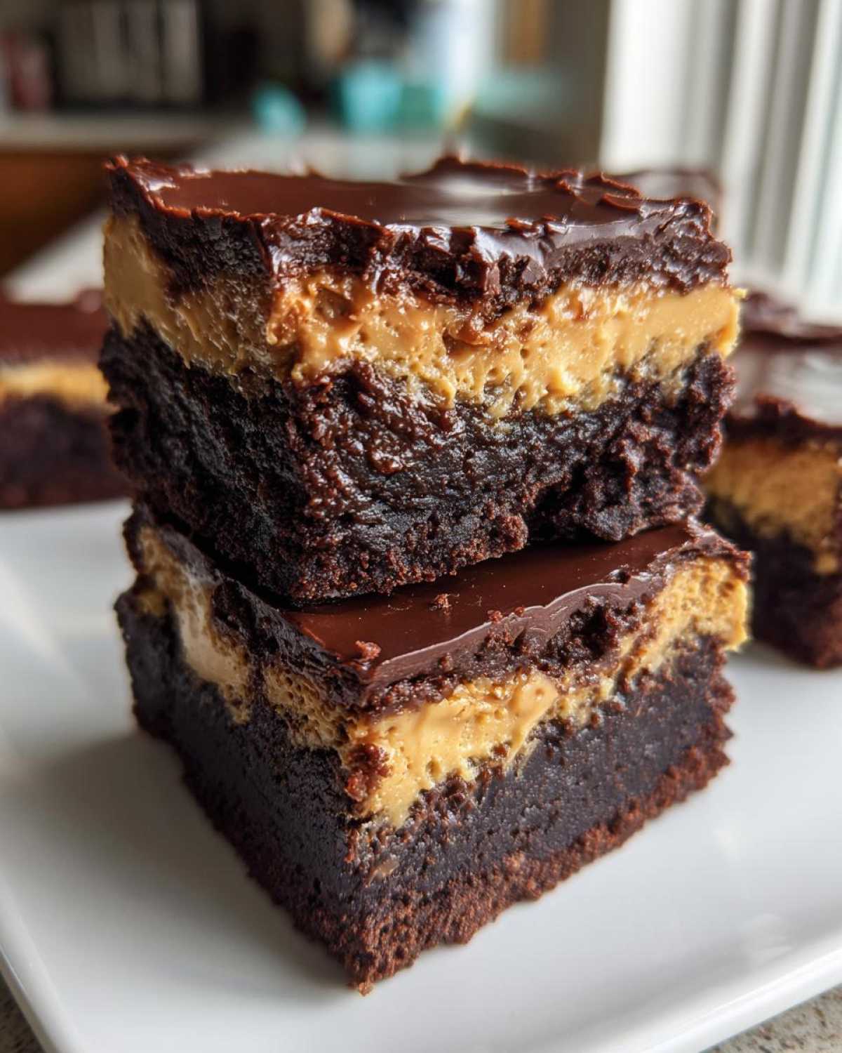 Two stacked squares of rich buckeye brownies showing the dark chocolate base, peanut butter layer, and chocolate topping.