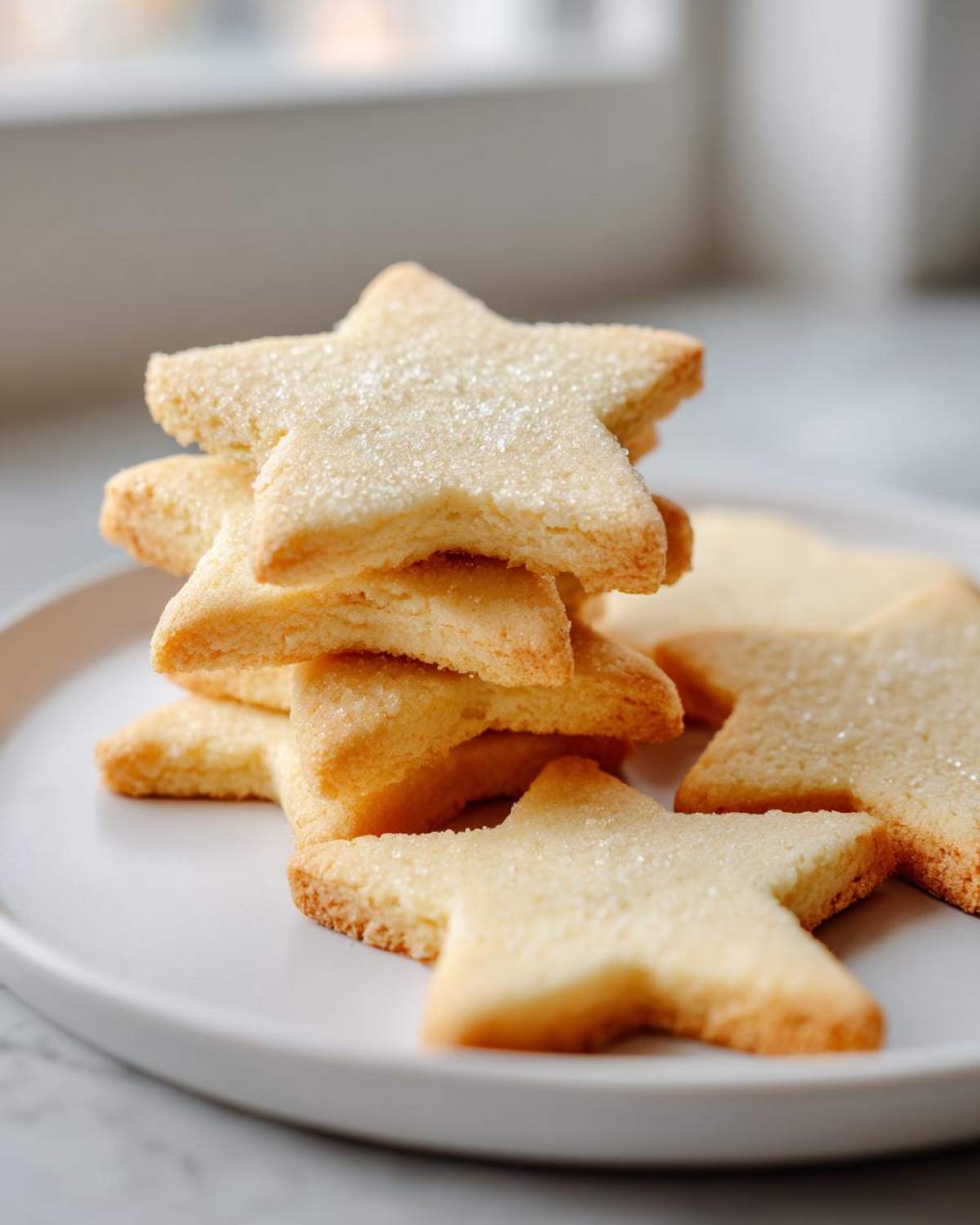 A stack of perfectly shaped star sugar cookie cutouts sprinkled with coarse sugar.