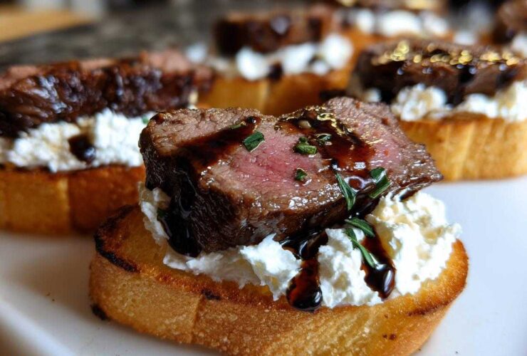 Close-up of a perfectly cooked steak crostini topped with creamy cheese and drizzled with balsamic glaze.