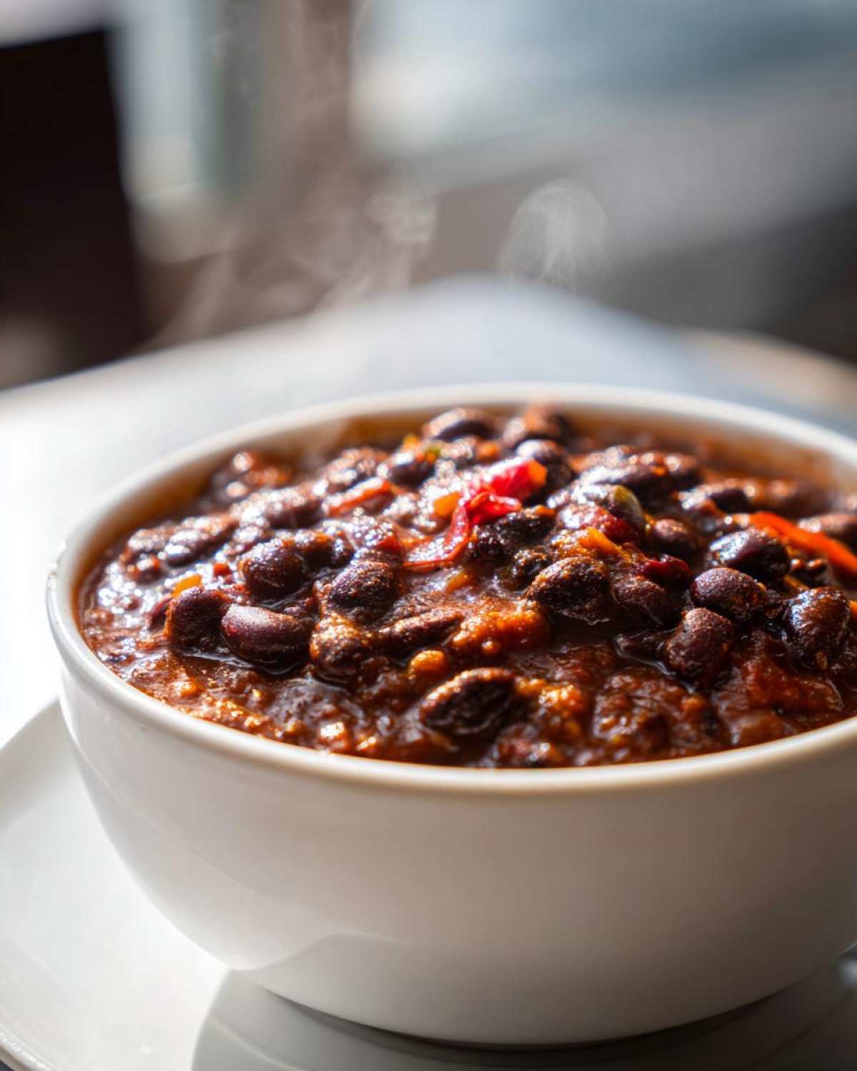 Close-up of a white bowl filled with steaming hot, rich black bean chili, showing visible black beans and red pepper pieces.