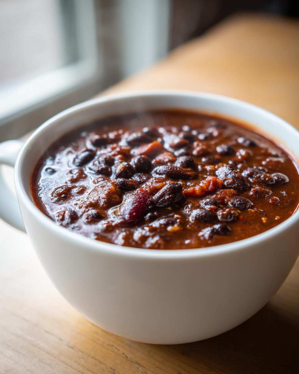 Close-up of a steaming white bowl filled with rich, dark red black bean chili on a wooden surface.