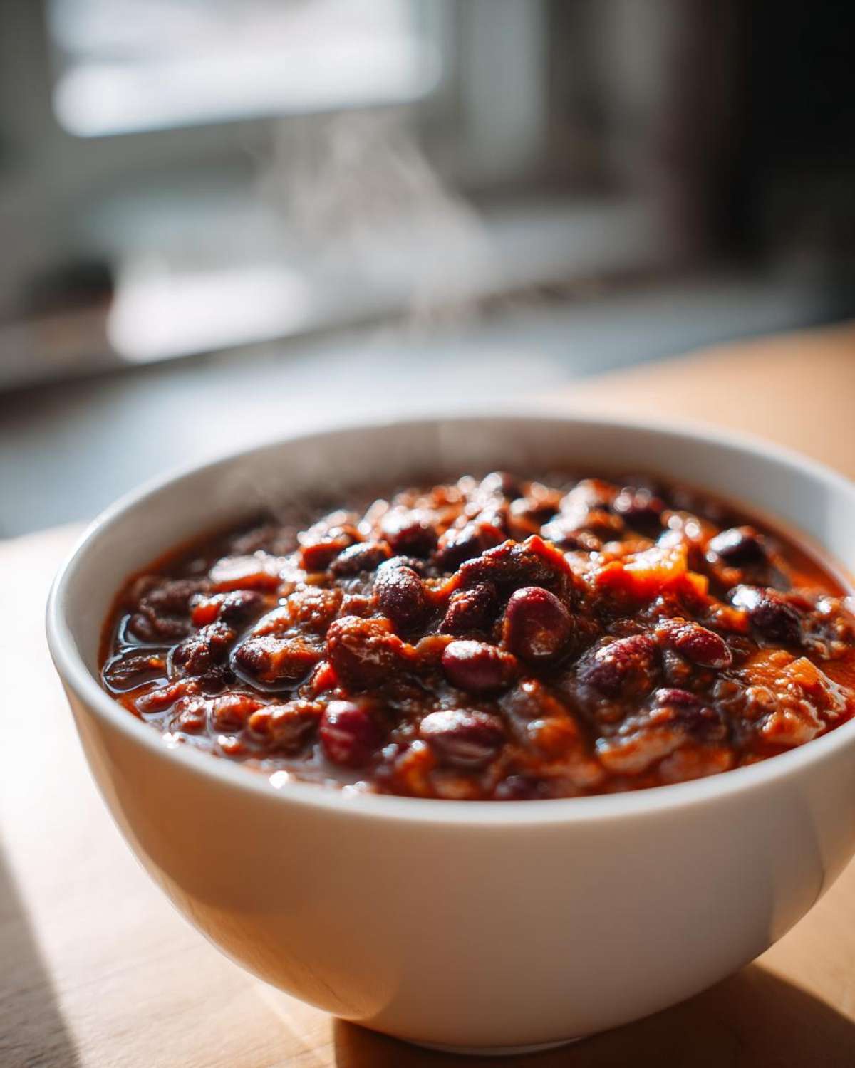 Close-up of a steaming white bowl filled with rich, dark red black bean chili.