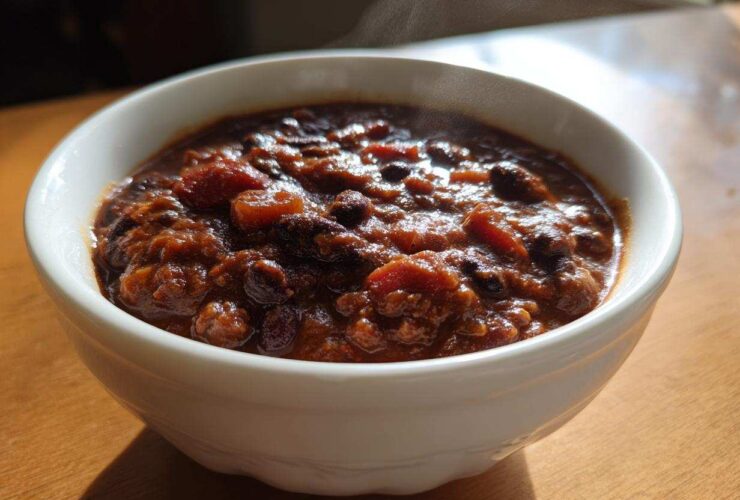 Close-up of a steaming white bowl filled with rich, thick black bean chili on a wooden surface.