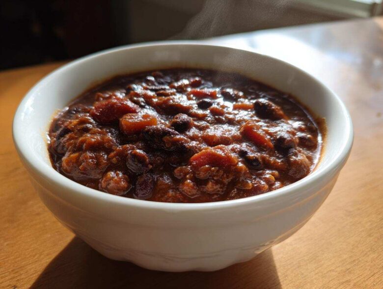 Close-up of a steaming white bowl filled with rich, thick black bean chili on a wooden surface.