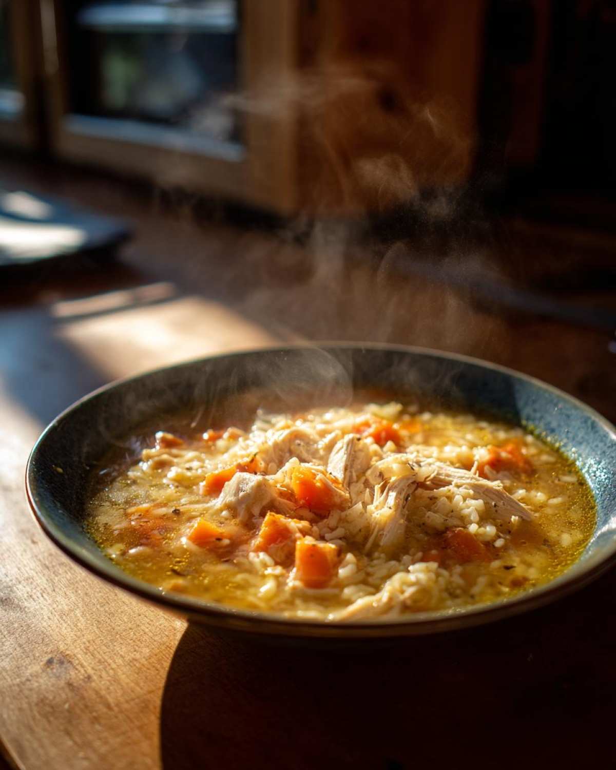 Close-up of a steaming bowl of leftover turkey soup containing shredded turkey, rice, and diced carrots on a wooden surface.
