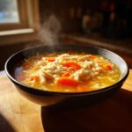 A steaming black bowl filled with rich, golden turkey soup containing shredded turkey, rice, and bright orange carrot slices.