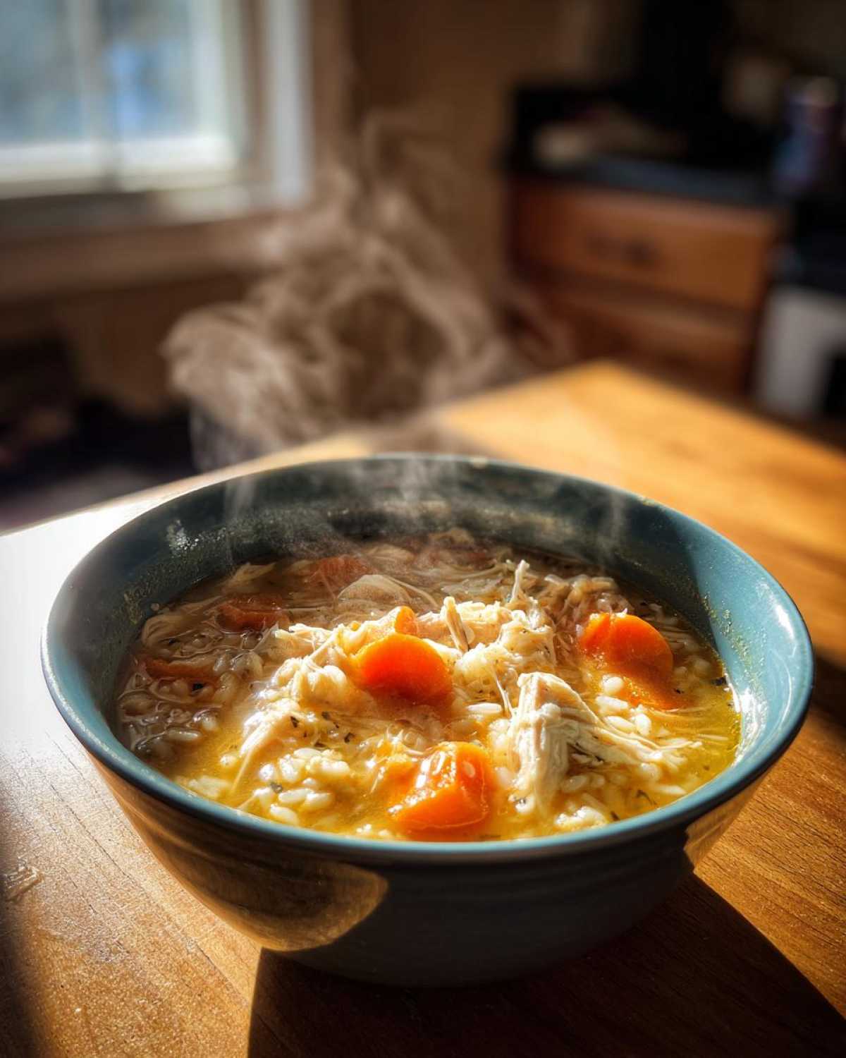A steaming bowl of leftover turkey soup filled with shredded turkey, rice, and bright orange carrots, sitting on a wooden table.