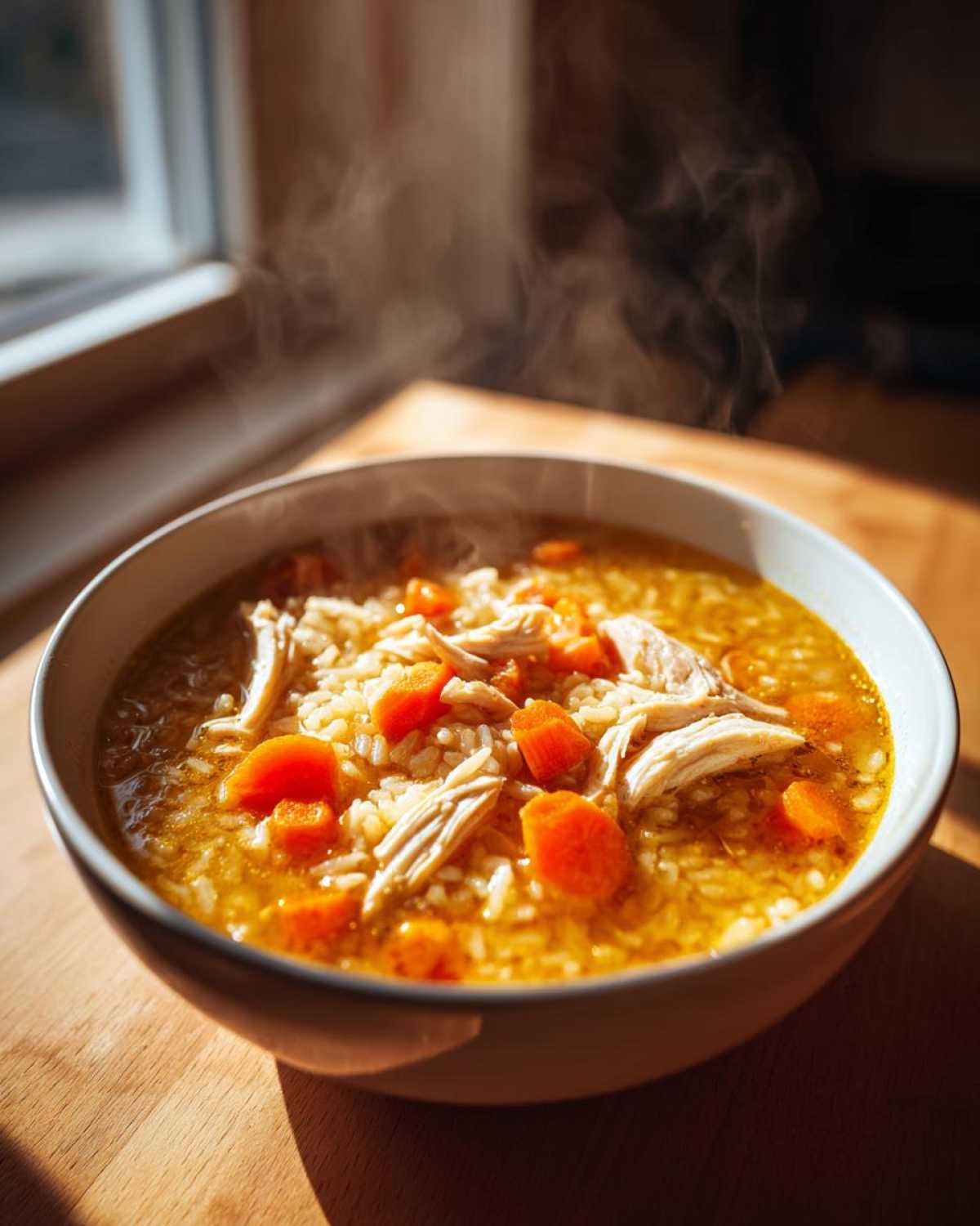 A steaming bowl of hearty leftover turkey soup featuring shredded meat, rice, and bright orange carrots.