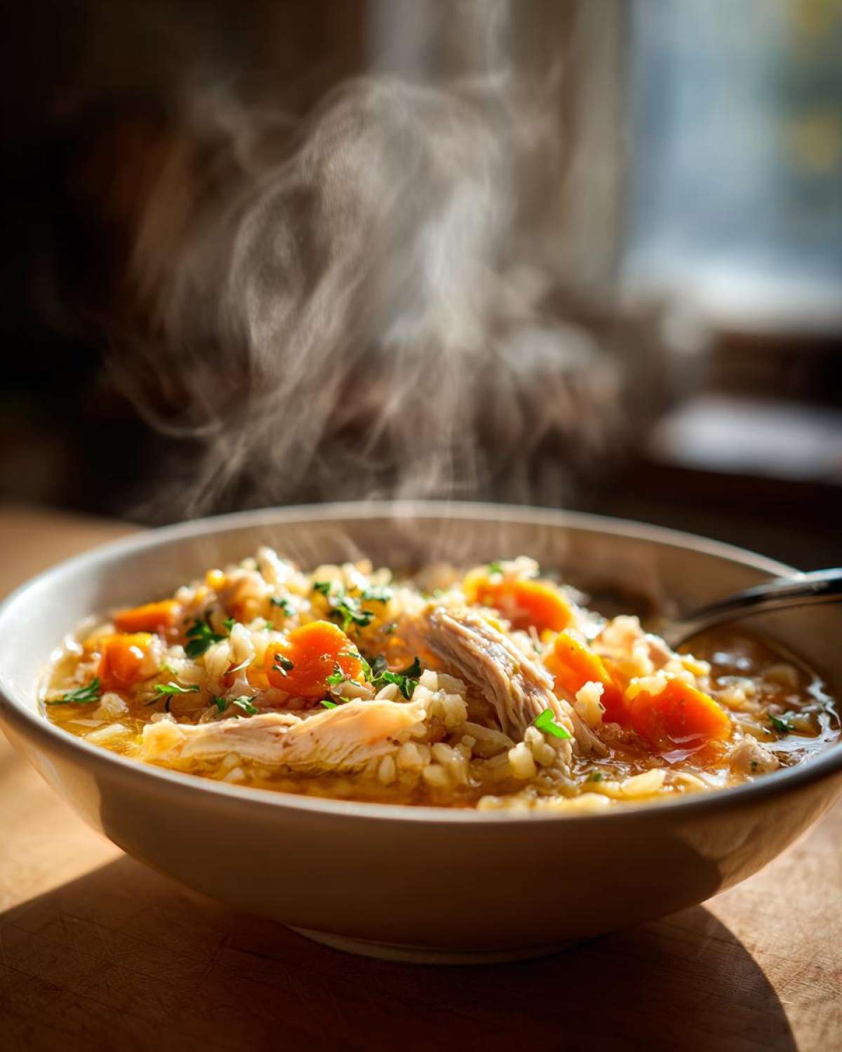 A close-up of a steaming bowl of hearty turkey soup containing shredded meat, rice, and bright orange carrots, garnished with parsley.