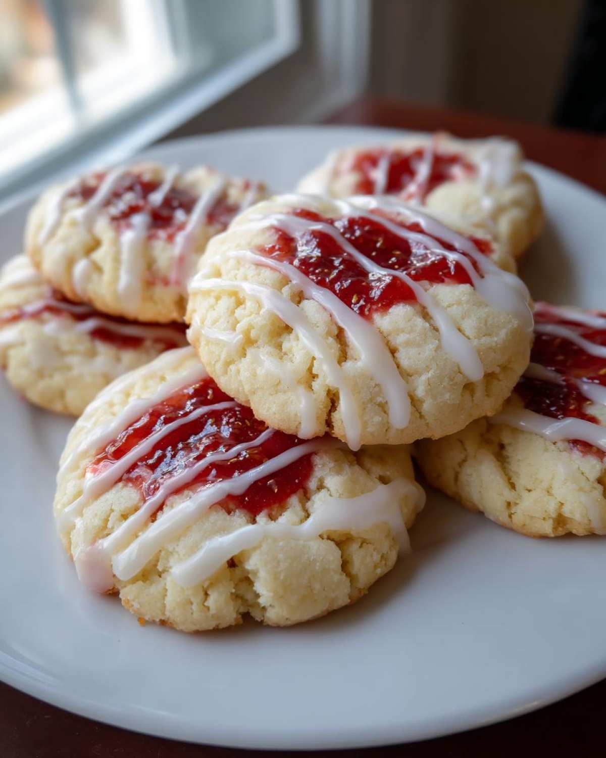 A stack of soft strawberry cheesecake cookies topped with jam and white icing drizzle.