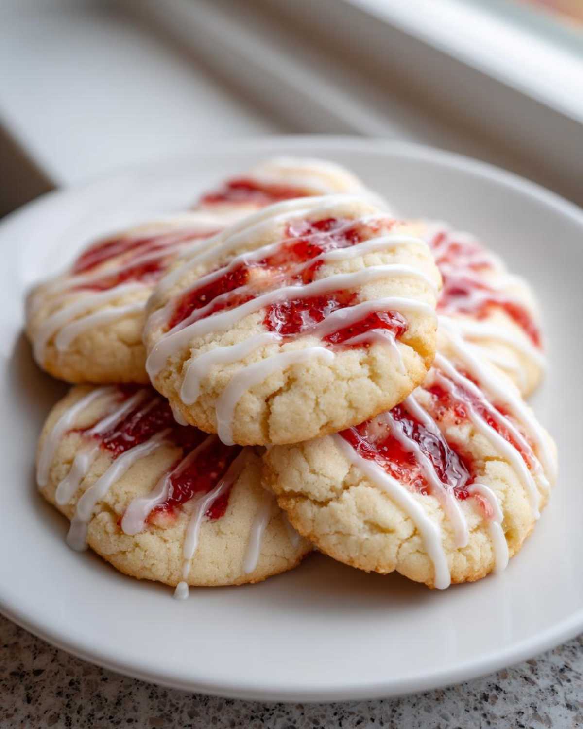 A stack of delicious strawberry cheesecake cookies topped with bright red jam and white icing drizzle.