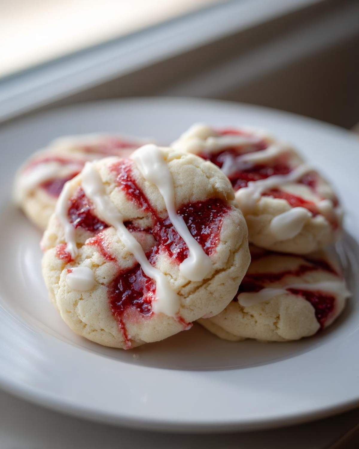 Close-up of soft strawberry cheesecake cookies topped with bright red jam swirl and white icing drizzle.