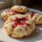 Close-up of several soft strawberry cheesecake cookies topped with bright red jam and white icing drizzle.