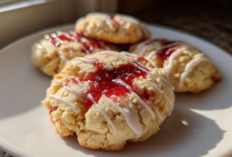 Close-up of several soft strawberry cheesecake cookies topped with bright red jam and white icing drizzle.