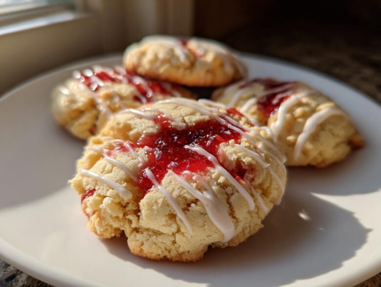 Close-up of several soft strawberry cheesecake cookies topped with bright red jam and white icing drizzle.