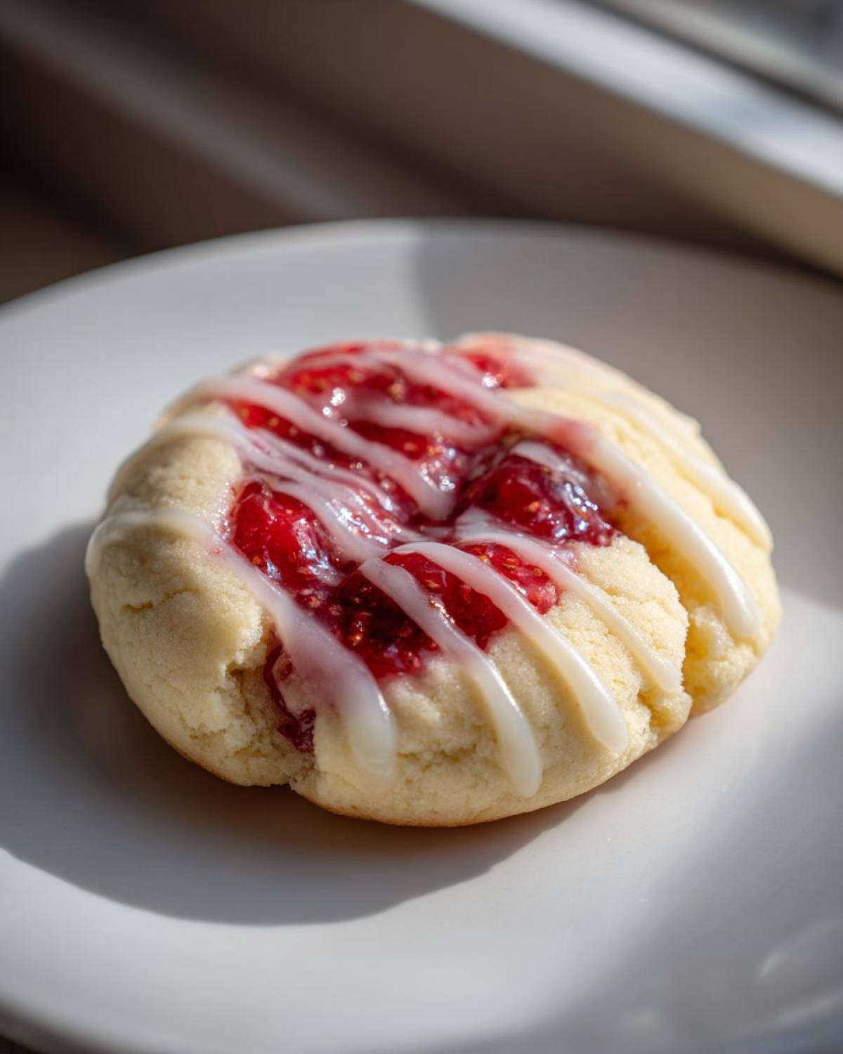 A close-up of one delicious strawberry cheesecake cookie topped with bright red strawberry filling and white icing drizzle.