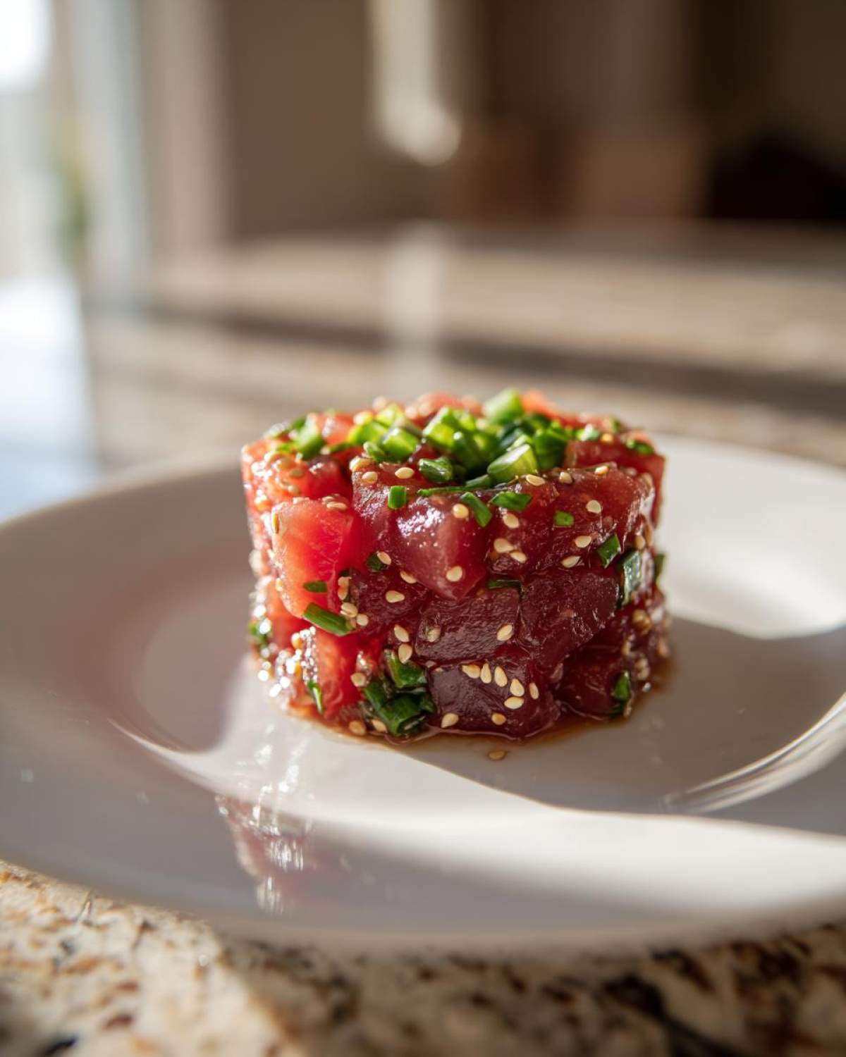 A cylindrical stack of vibrant red tuna tartare garnished with sesame seeds and chopped chives on a white plate.