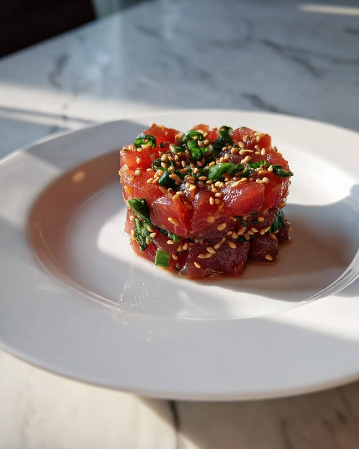 A beautifully molded tower of fresh tuna tartare, topped with green onions and sesame seeds, served on a white plate.