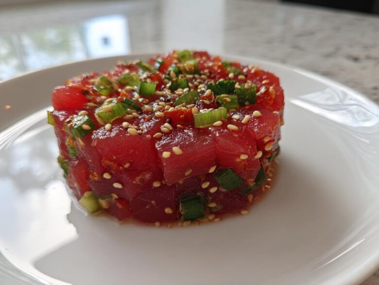 A close-up of a perfectly molded tower of vibrant red tuna tartare, topped with green onions and sesame seeds.