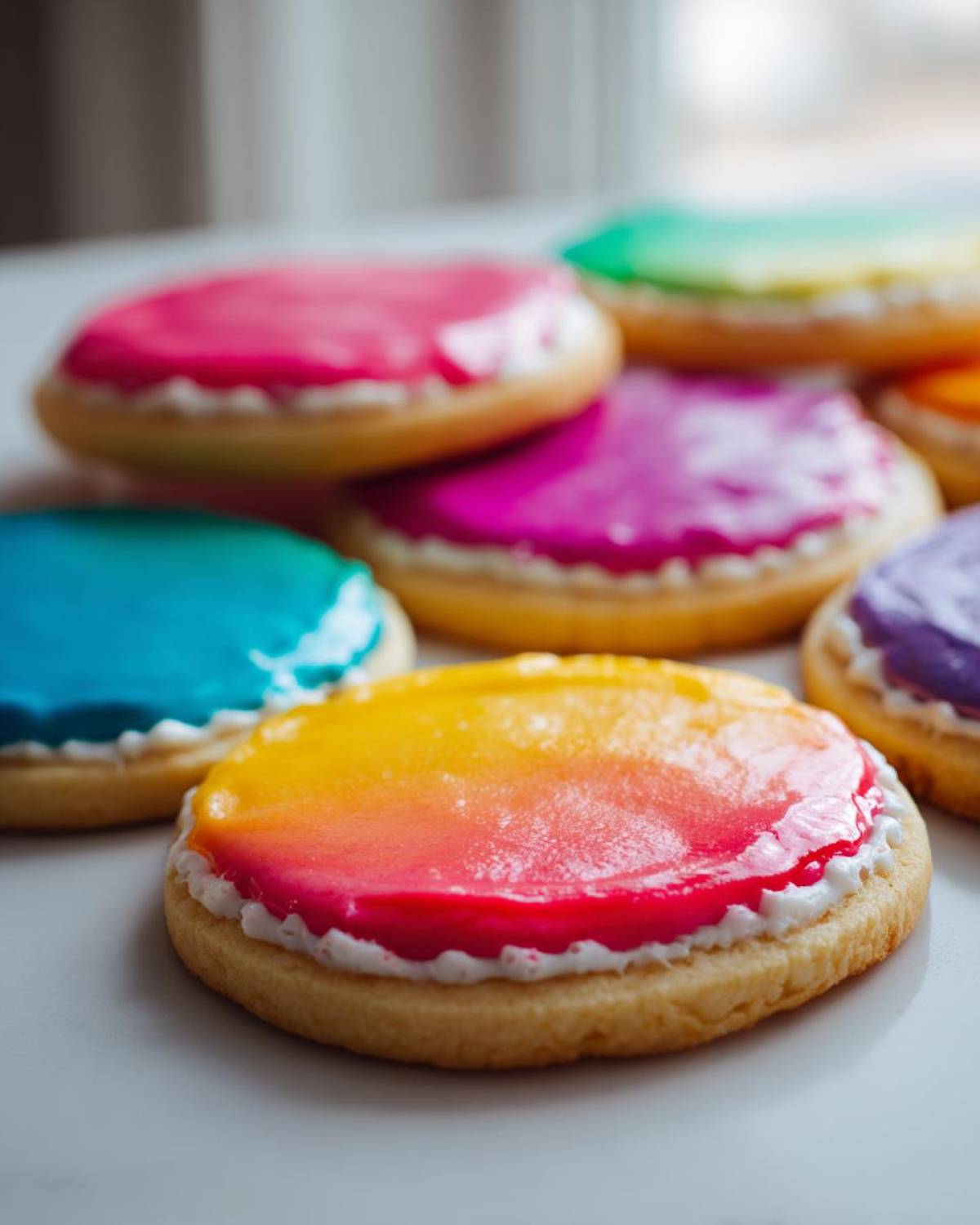 Close-up of round sugar cookies decorated with vibrant, glossy sugar cookie icing recipe in rainbow colors.
