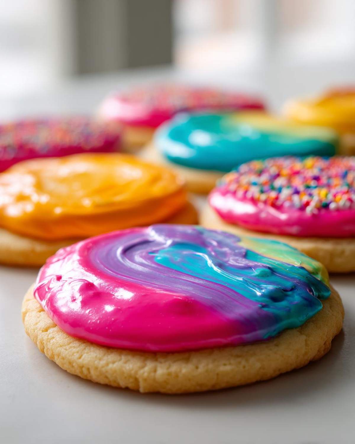 Close-up of a sugar cookie topped with vibrant, swirled pink, purple, and blue sugar cookie icing recipe.