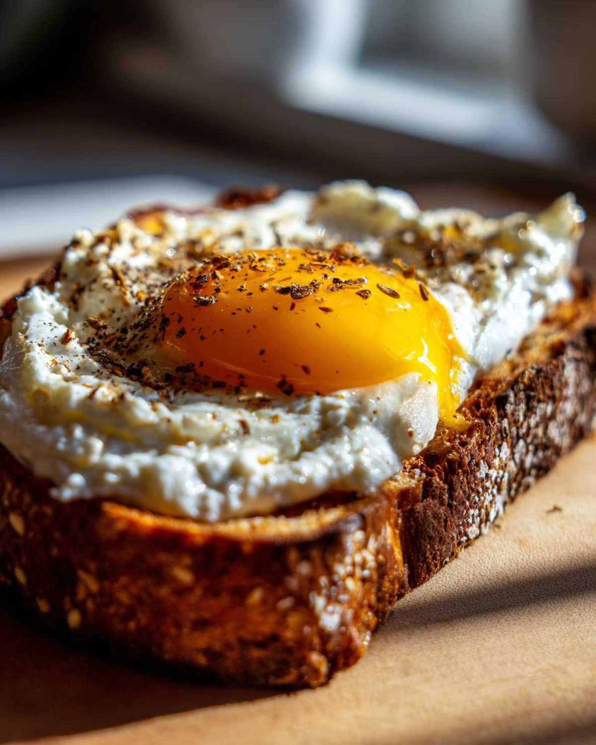 Close-up of perfectly cooked sunny-side up egg toast seasoned with black pepper.