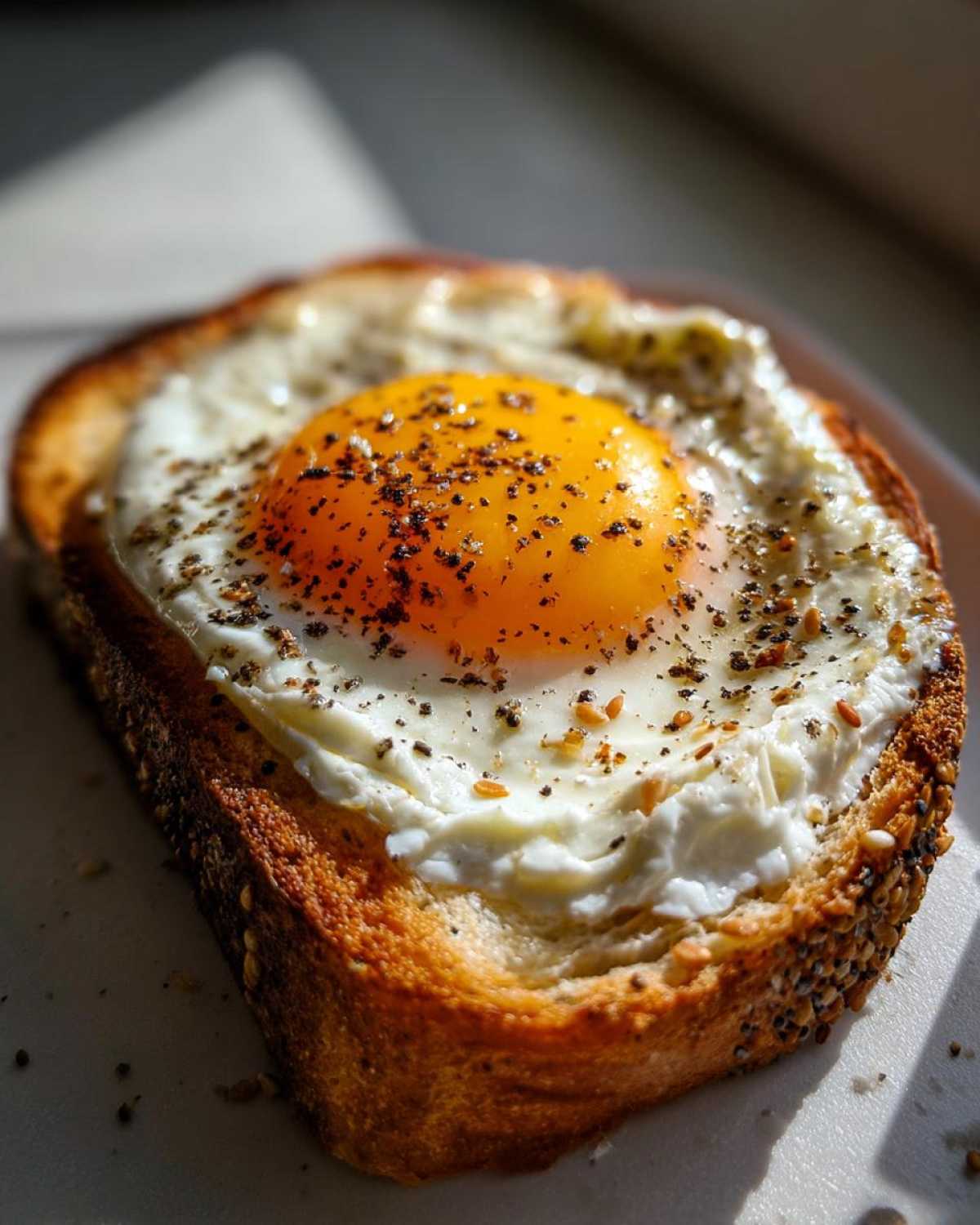 Close-up of a perfectly cooked sunny-side-up egg toast, seasoned heavily with pepper and seeds.