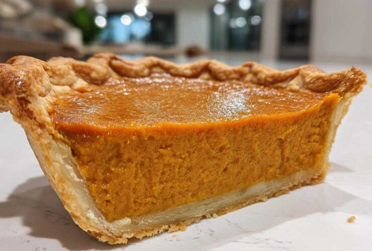 Close-up of a thick slice of sweet potato pie showing the rich orange filling and flaky golden crust.