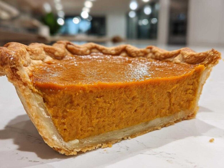 Close-up of a thick slice of sweet potato pie showing the rich orange filling and flaky golden crust.