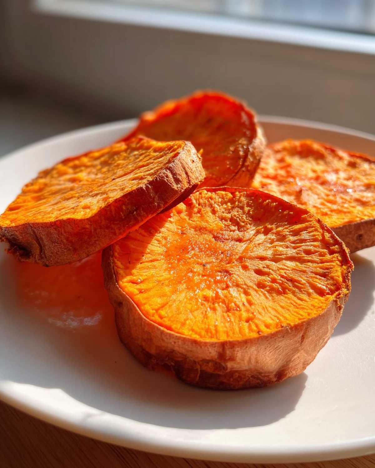 Four thick, bright orange slices of roasted sweet potato toast resting on a white plate in bright sunlight.